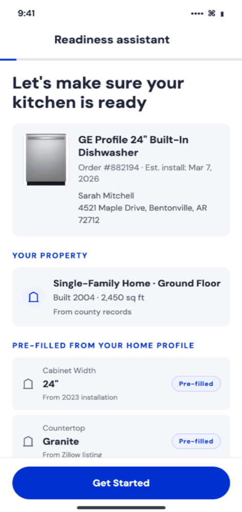 Pre-visit readiness assistant on phone, confirming the home and appliance before the job